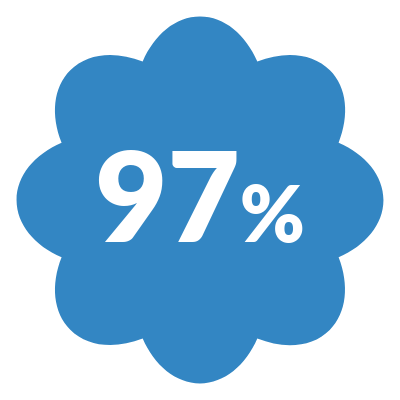 Blue flower-shaped badge with white text 