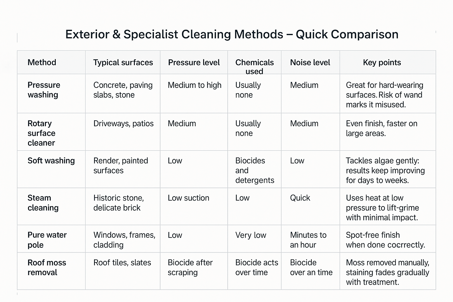 Comparison chart of exterior cleaning methods: pressure washing, rotary, soft wash, steam, pure water pole, gutter vac, roof moss