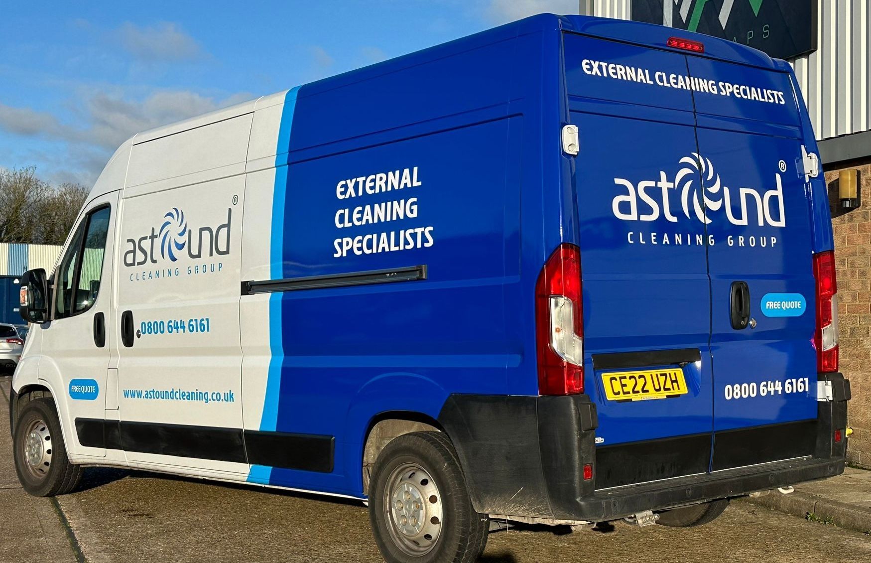White and blue van with 