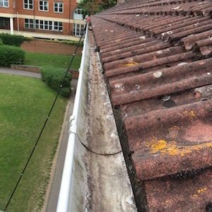 Dirty gutter on a tile roof being cleaned with a long pole; green grass and building in the background.