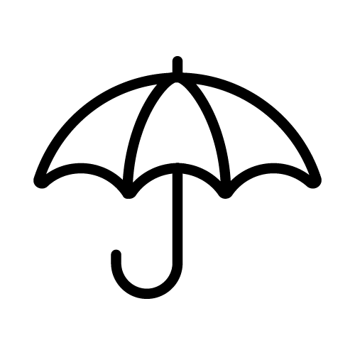 Black outline of an umbrella, with handle curved downward.