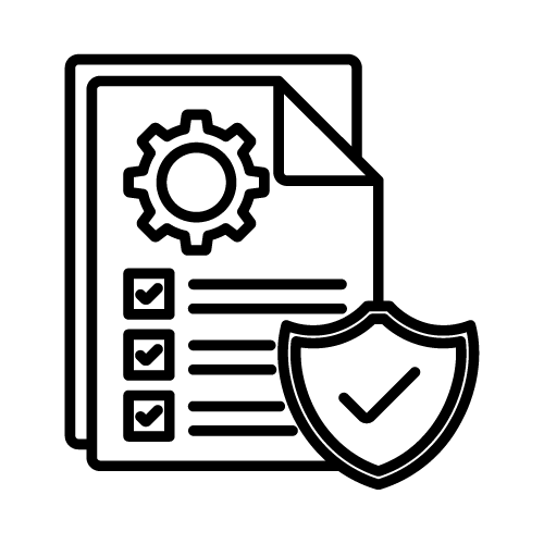 Document with gear icon, checklist, and shield, indicating security or verification.