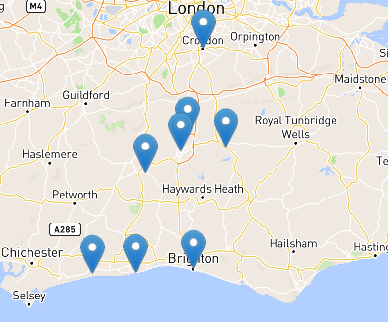 Map with points showing professional window washing locations south London & South East England