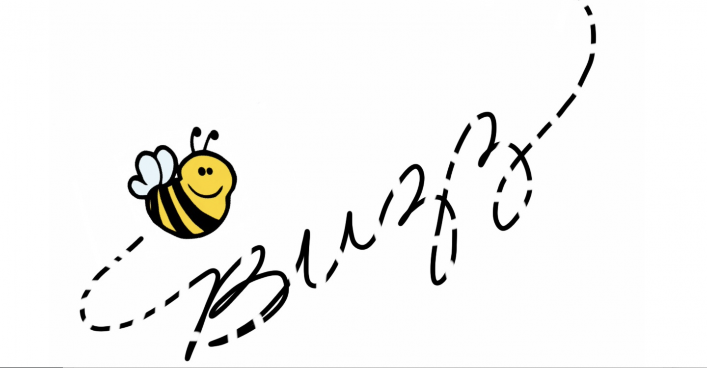 Smiling cartoon bee flying along dotted path next to handwritten 