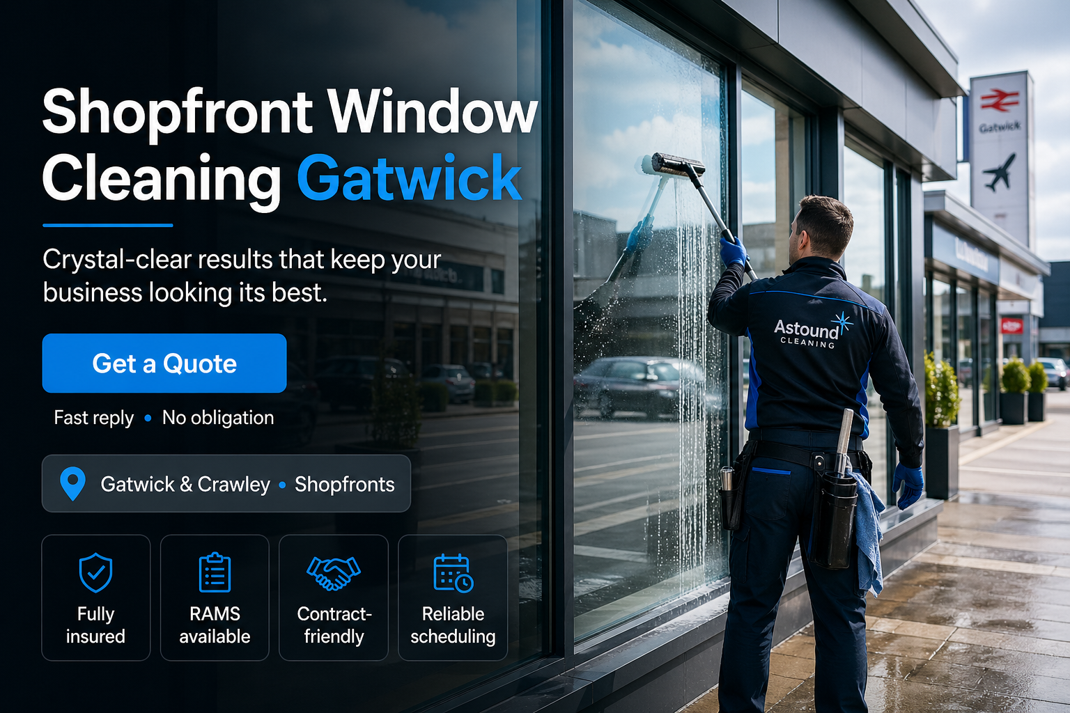 Shopfront window cleaning in Gatwick and Horley