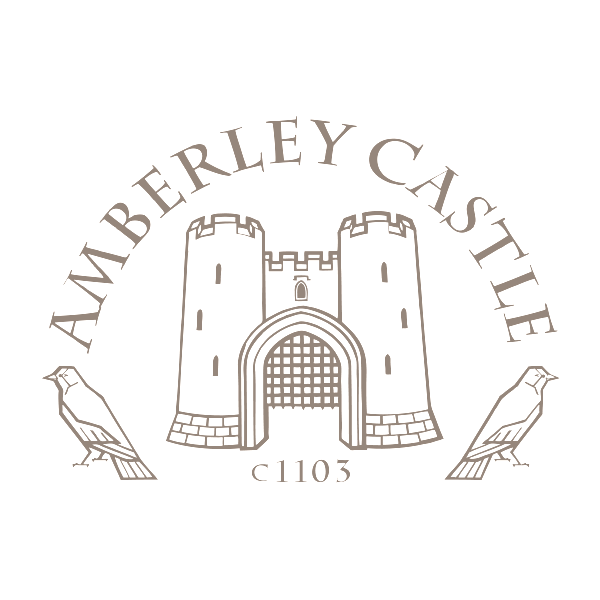 Amberley Castle logo: a castle illustration with two birds, text