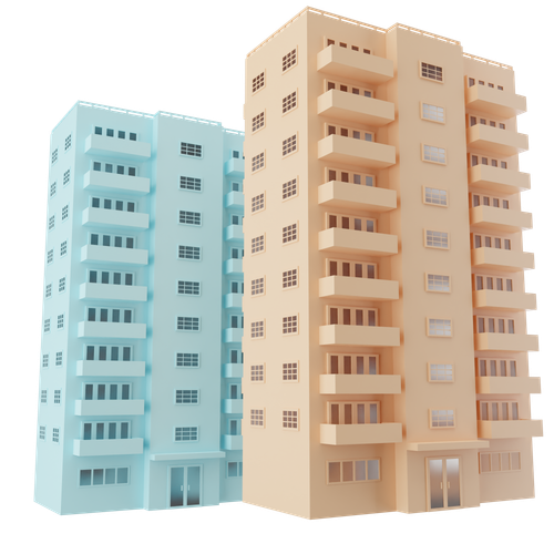 Two colorful cartoon apartment buildings: blue and peach.