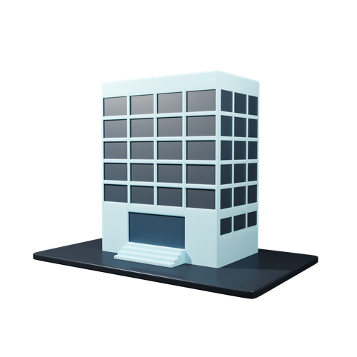 Cartoon depiction of a light blue multi-story office building with dark windows, set on a black base.