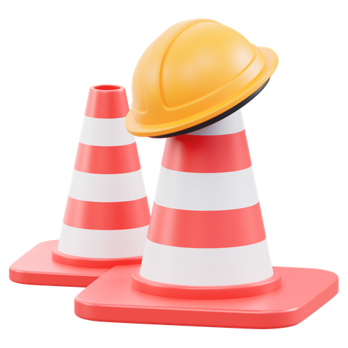 Two orange and white traffic cones, one with a yellow hard hat perched on top.