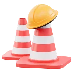 Two orange and white traffic cones with a yellow hard hat on top, signaling construction.