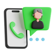 Smartphone with a green call icon. A speech bubble shows a person with a headset.