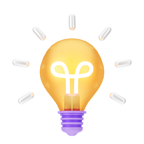 Glowing yellow lightbulb with white radiating light, purple base.
