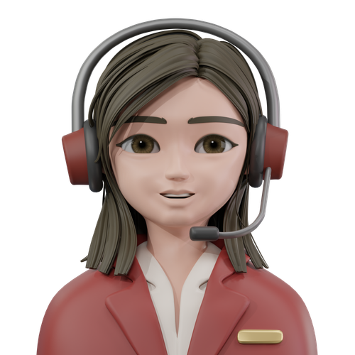 Woman with headphones, wearing a red blazer, looking forward, likely a customer service representative.