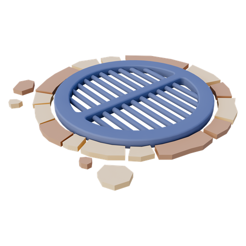 Blue grill in stone-lined fire pit with tan and brown rocks.