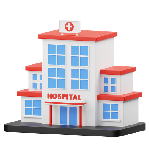 Cartoon hospital building with red roof, windows, and sign.