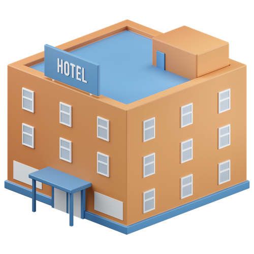 Cartoon hotel building with orange walls, blue roof, and "HOTEL" sign.