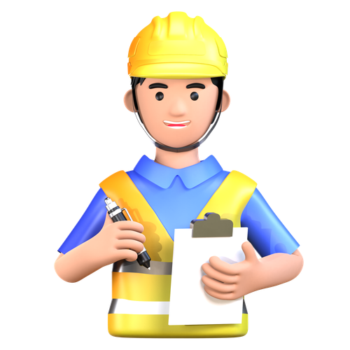 Construction worker holding clipboard and pen, wearing yellow hard hat and safety vest.