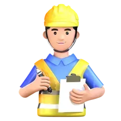 Construction worker in a yellow hard hat and vest holding a clipboard and pen, smiling.