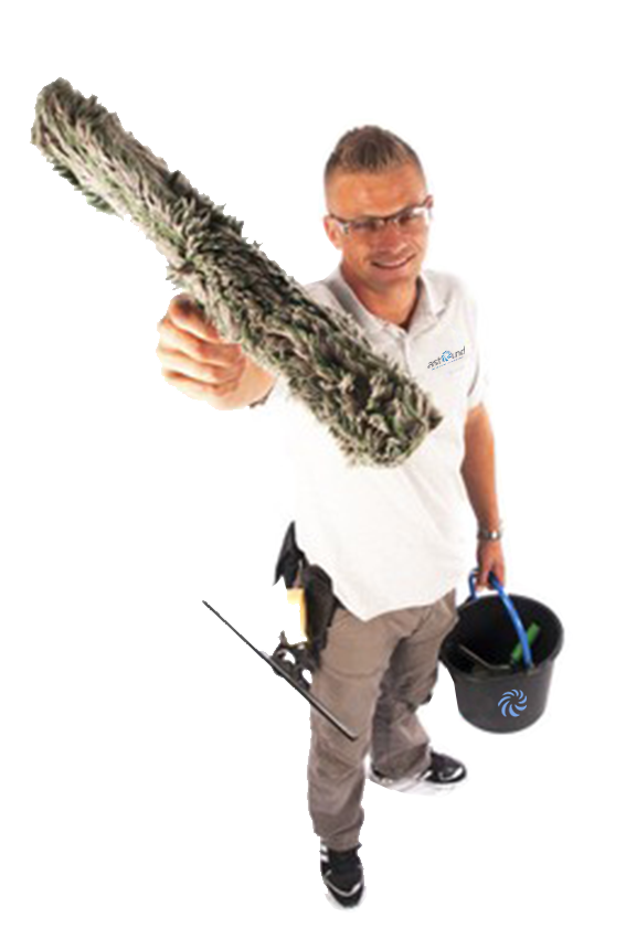 Window cleaner holding a bucket and squeegee