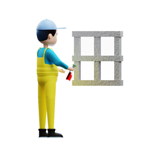 Person in yellow overalls and cap paints a concrete window frame.