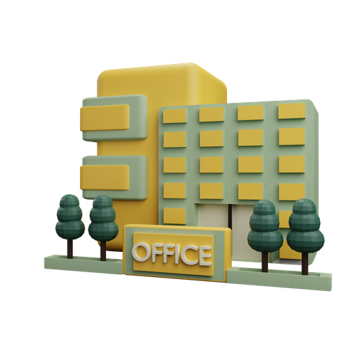 Cartoon office building with yellow and green accents, and