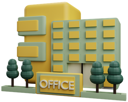 A 3D cartoon office building, yellow and green, with "OFFICE" sign and trees.
