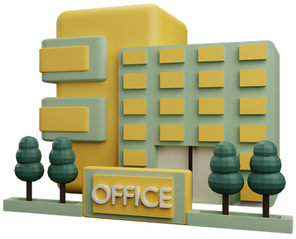 Cartoon office building with yellow and green accents, trees, and