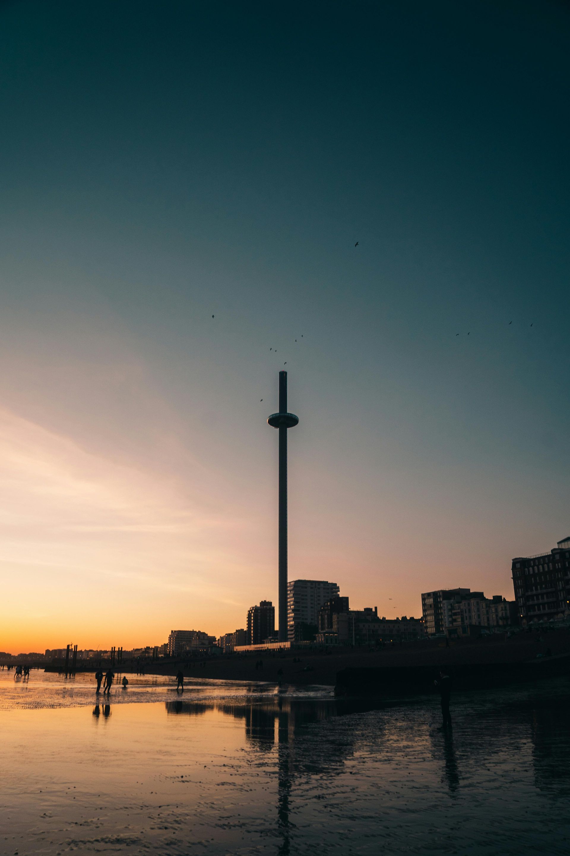 Sunset over a city waterfront with i360 glass building we pure water clean in Brighton