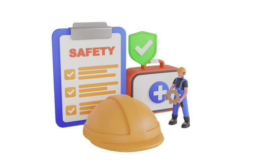 3D rendering of a safety checklist, hard hat, first aid kit for professional window washing services
