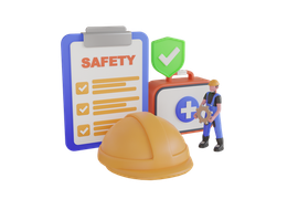 Safety icons with worker: clipboard, first aid, shield, hard hat.