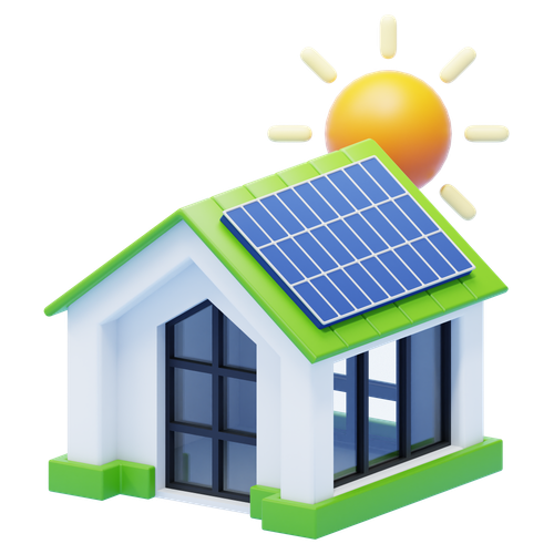 3D rendering of a house with solar panels on the roof, sunny sky in the background.