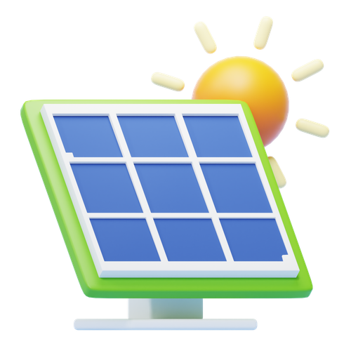 3D rendering of a solar panel, blue cells, green frame, with a yellow sun and rays, white stand.