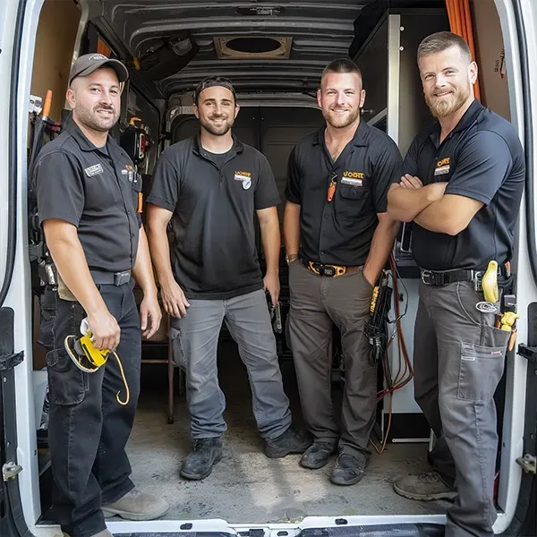 The team behind Sunshine Plumbers with a plumbing service truck in Bladenboro, NC