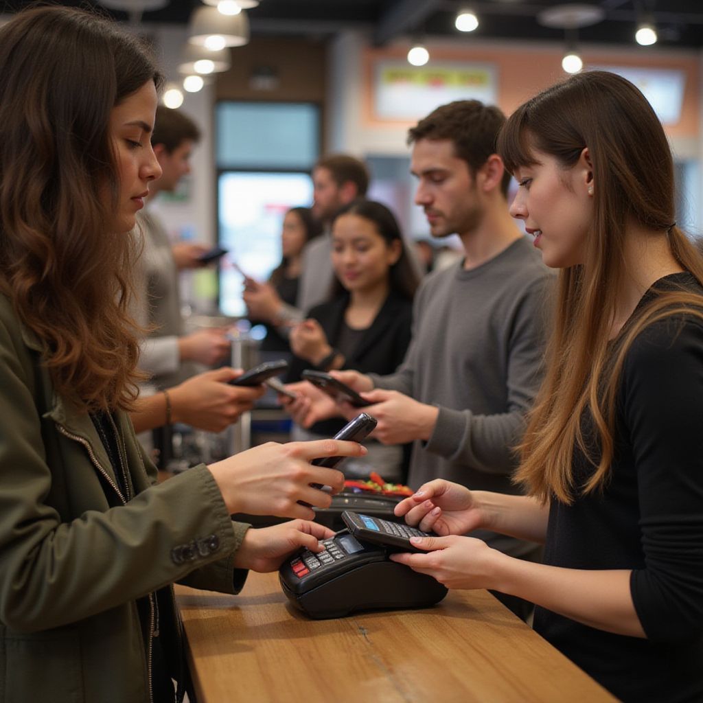 People paying at a checkout using mobile phones. Counter setting, multiple customers in line.