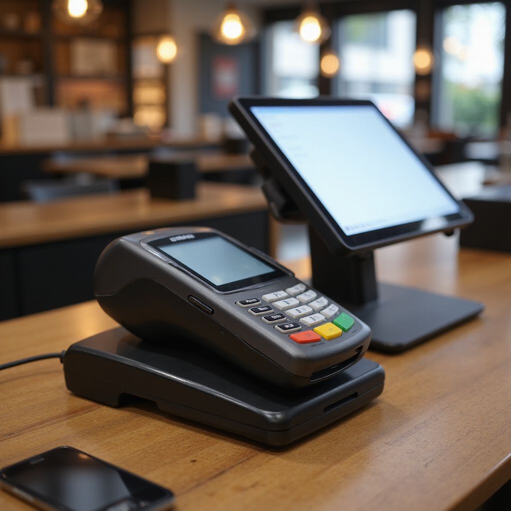 POS system with payment terminal and tablet on a wooden counter inside a business.