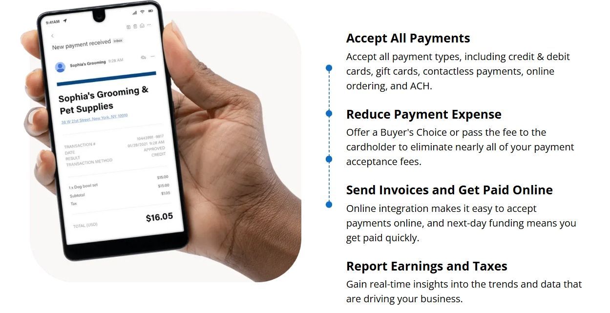 Hand holding a phone displaying an invoice. Text lists payment features.