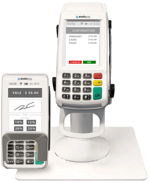 Two white payment terminals, one showing a sale and signature, the other displaying transaction details.