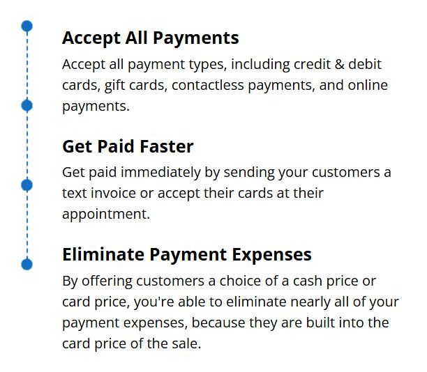 Benefits of using a payment system: accept all, get paid faster, and eliminate expenses.