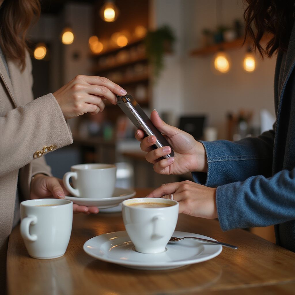 Two people pay for coffee in a cafe, one holding a payment device over the other's phone, three cups on table.
