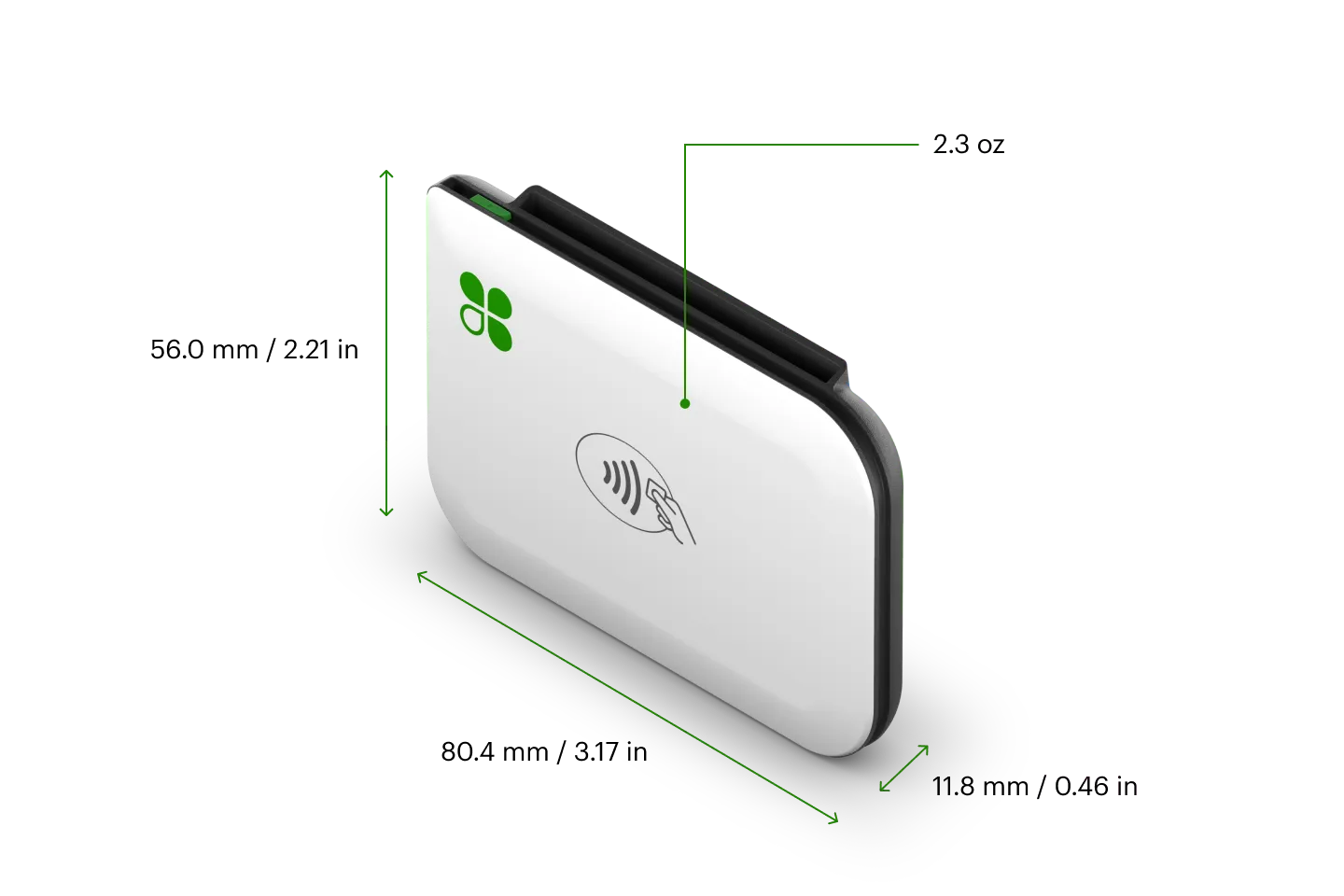 White and black Clover payment device with dimensions noted in green.