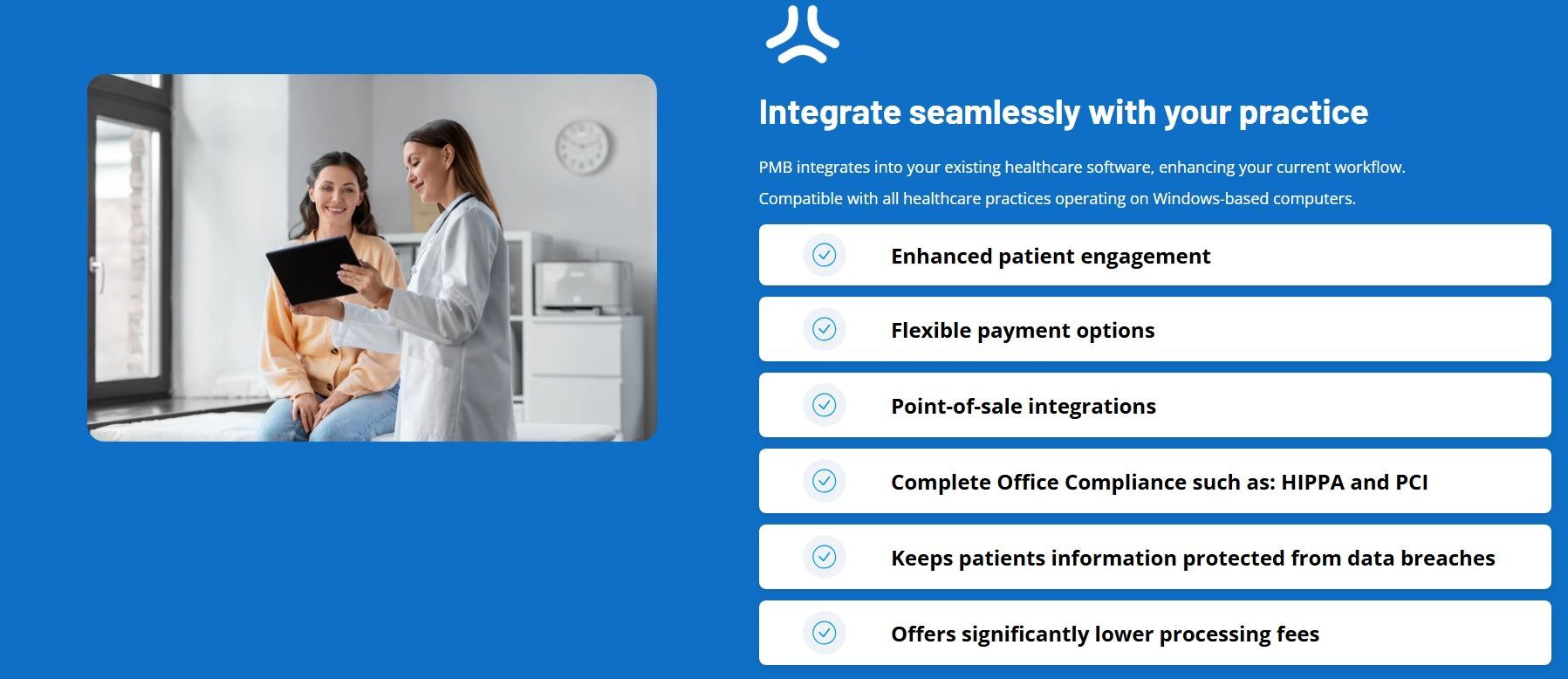 Doctor showing a tablet to a patient in a medical office. Integration features listed on the right.