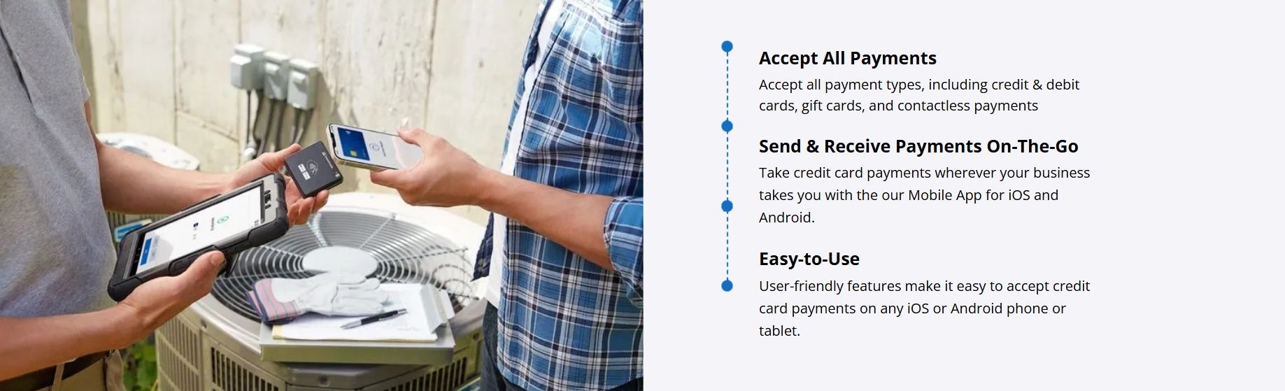 Two men making a payment using a handheld card reader near an air conditioning unit.