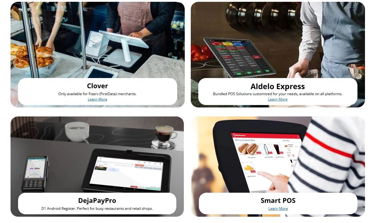 Four point-of-sale systems displayed: iLuv, Aldelo Express, DejaPay, and Smart POS. Each in use in a food service setting.