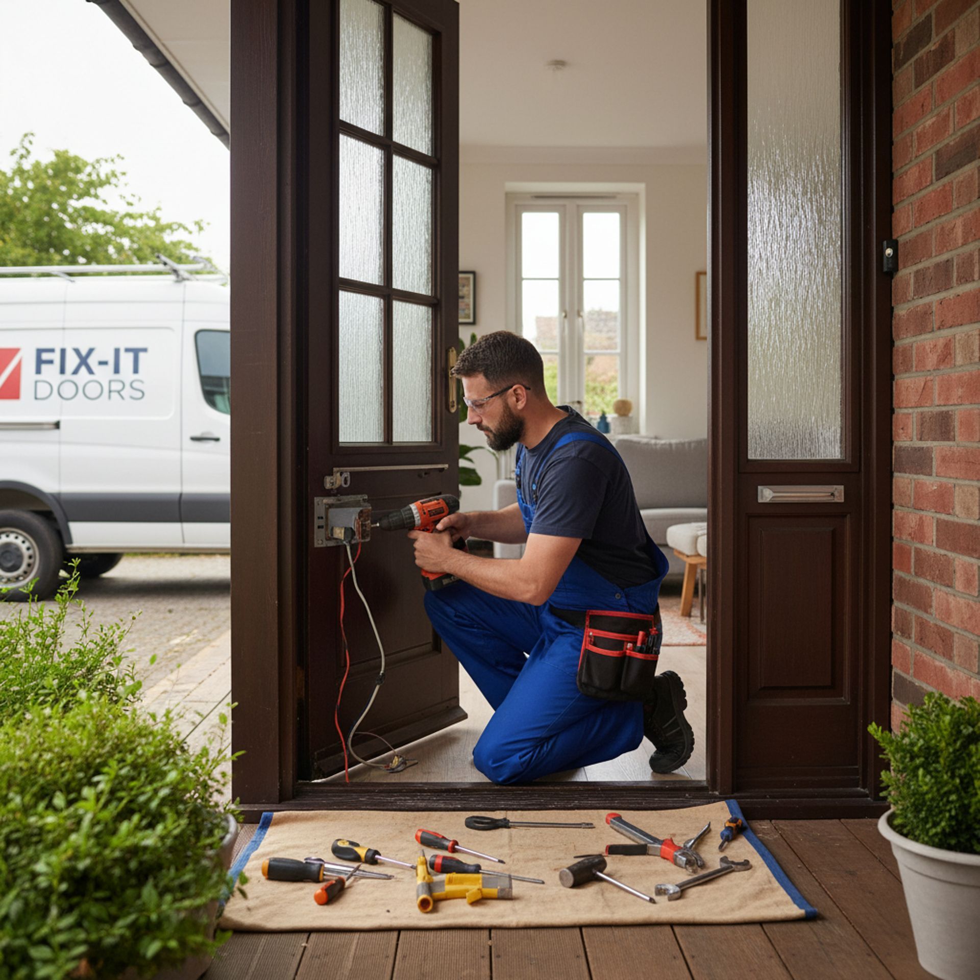 Technician in blue overalls repairs a front door lock, with tools on a mat and a service van outside.