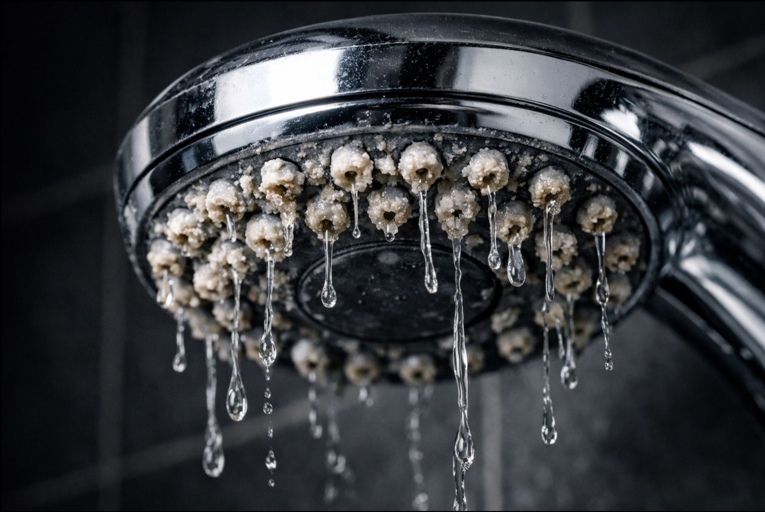 Imagem em close-up de um chuveiro cromado expelindo jatos de água.
