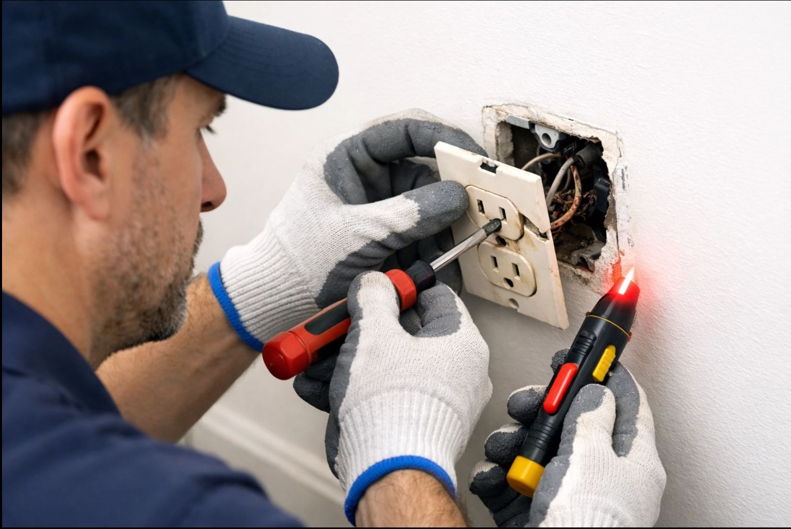 Eletricista instalando a fiação de uma tomada na parede com ferramentas e caixa elétrica exposta.