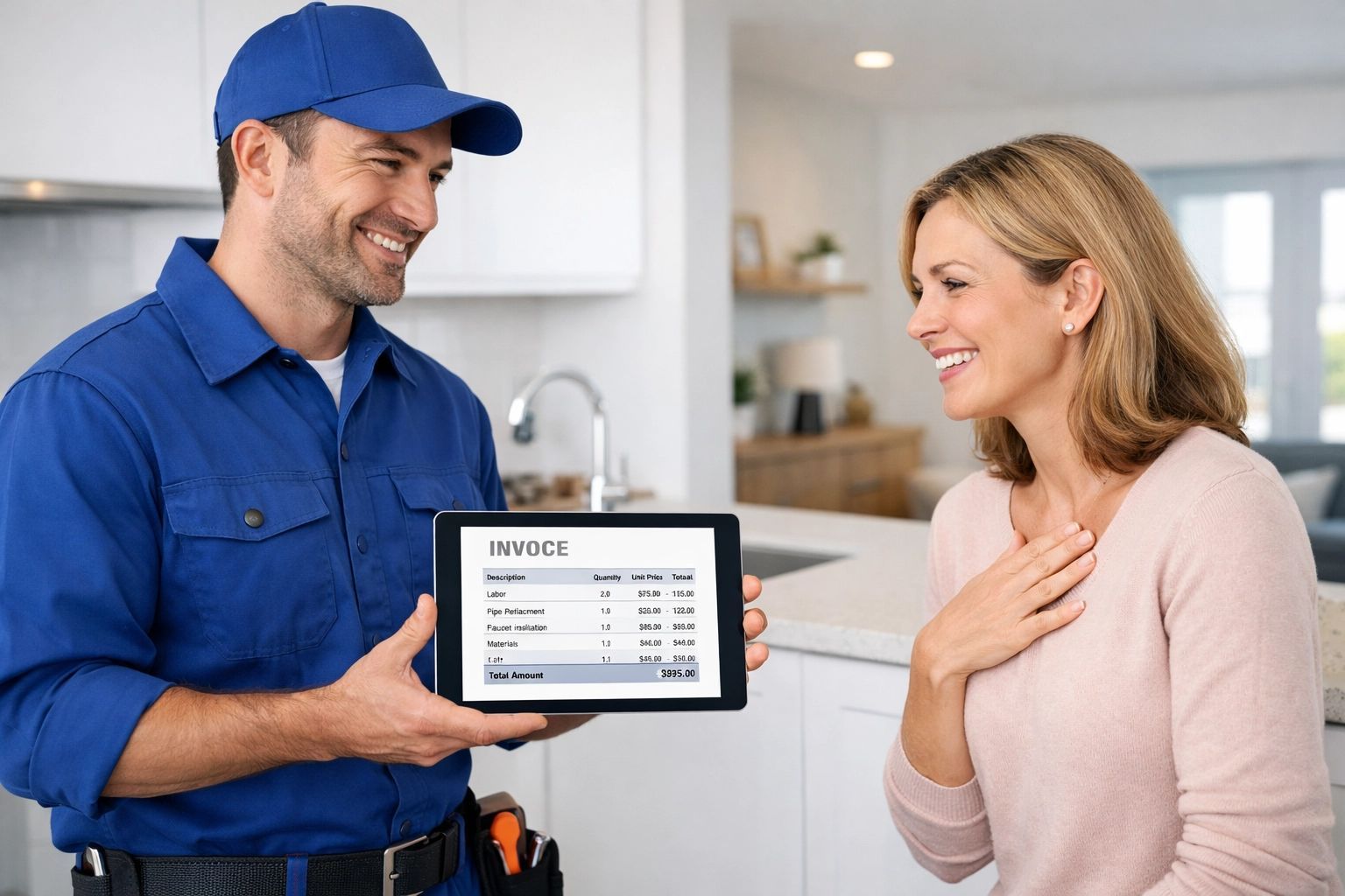 Técnico de uniforme azul mostra a nota fiscal em um tablet para um cliente sorridente em uma cozinha bem iluminada.