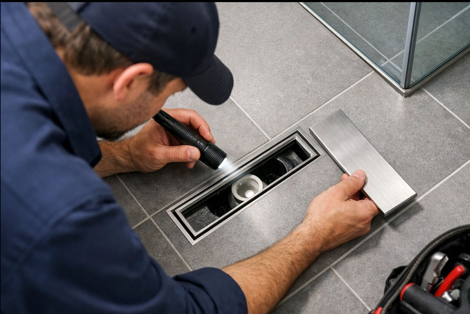 Técnico usando uma lanterna para inspecionar a abertura de um ralo no piso ao lado de azulejos cinza e uma tampa de metal.