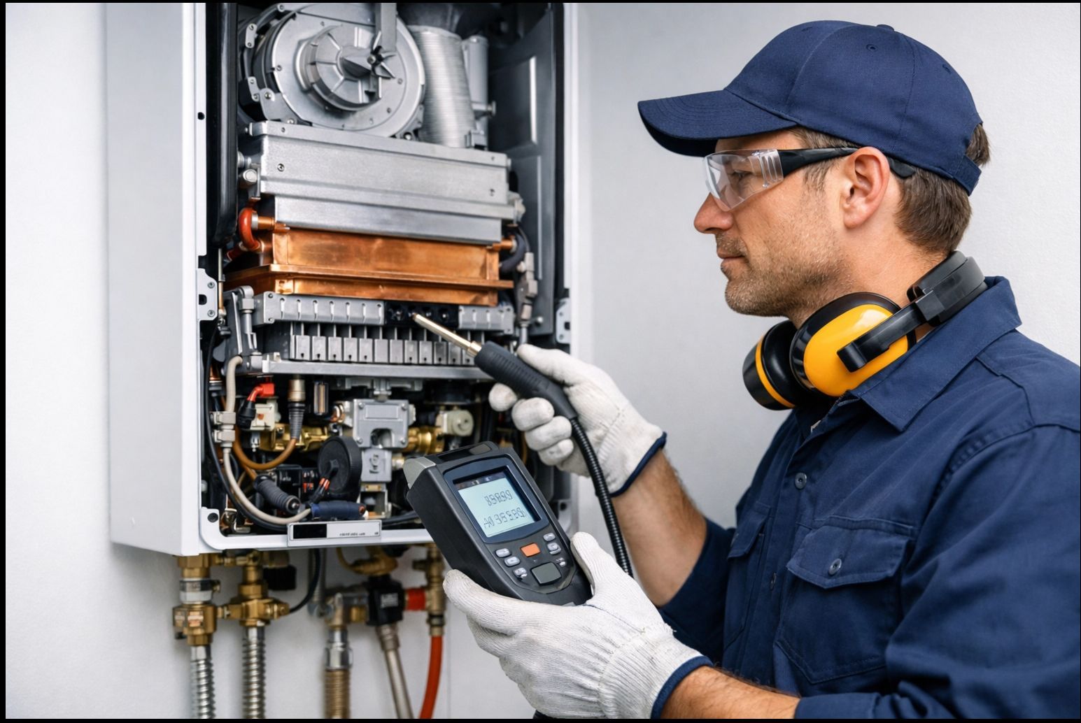 Técnico inspecionando um painel de controle elétrico aberto com um dispositivo de diagnóstico, usando luvas e um boné azul.
