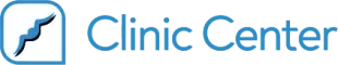 Logo del centro clinico con icona a croce medica blu e testo azzurro su sfondo bianco.